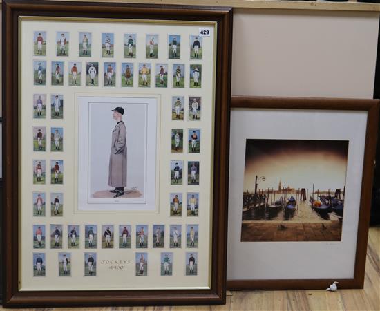 A framed set of 50 Ogdens Jockeys 1930 and a framed photograph of Venice by Don Robinson